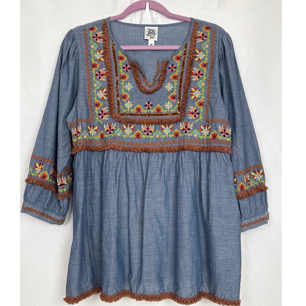 Ivy Jane Womens Embroidered Chambray Peasant Top Size M Blue Boho Festival